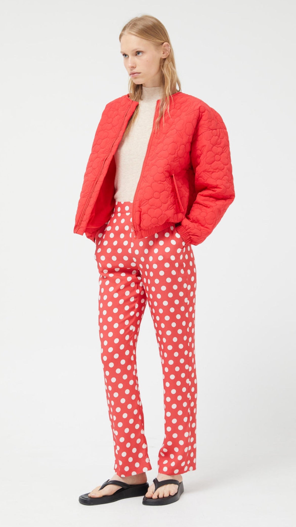 Red polka dot straight pants