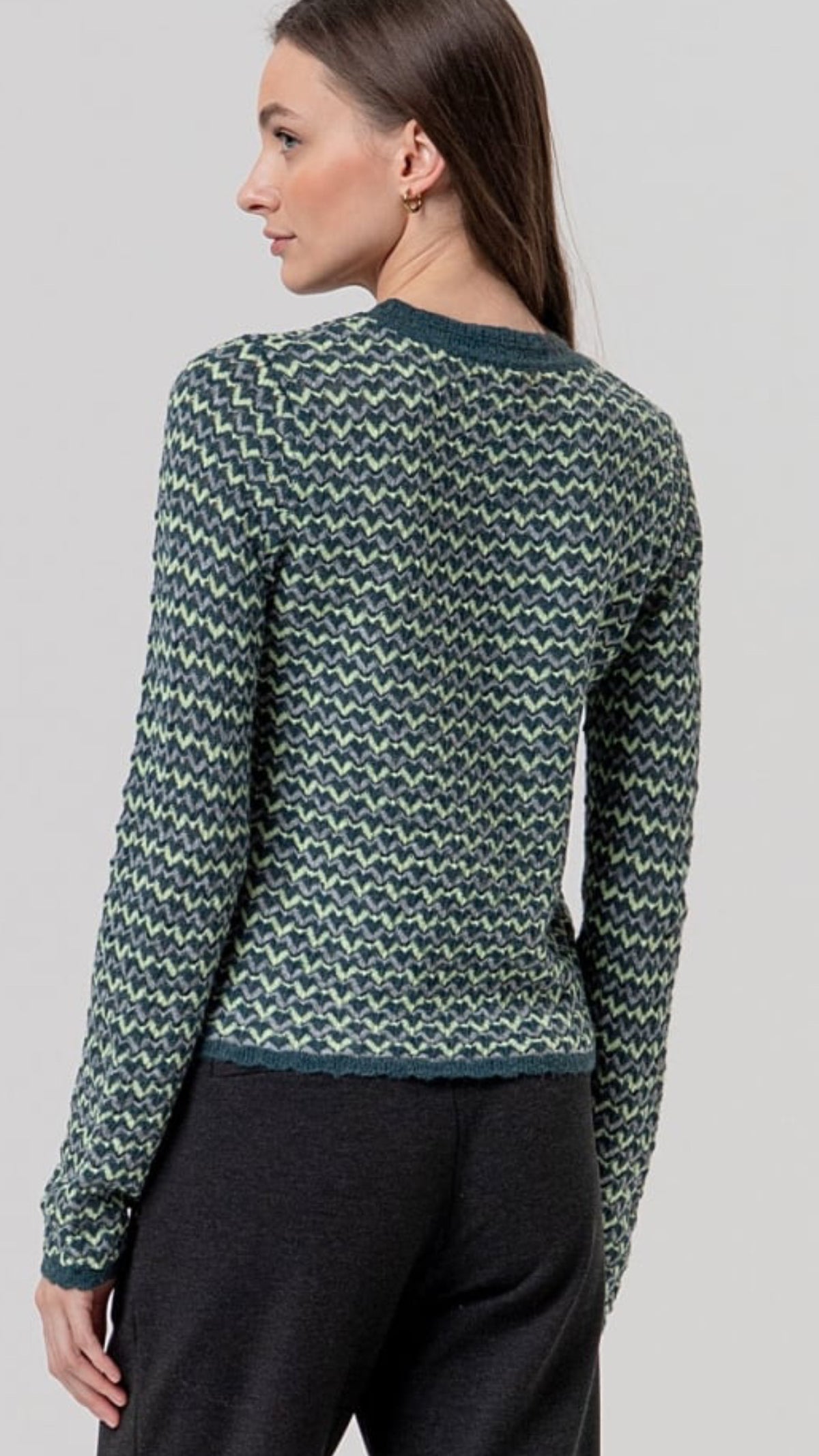 Jersey de cuello redondo de zigzag Verde Botella