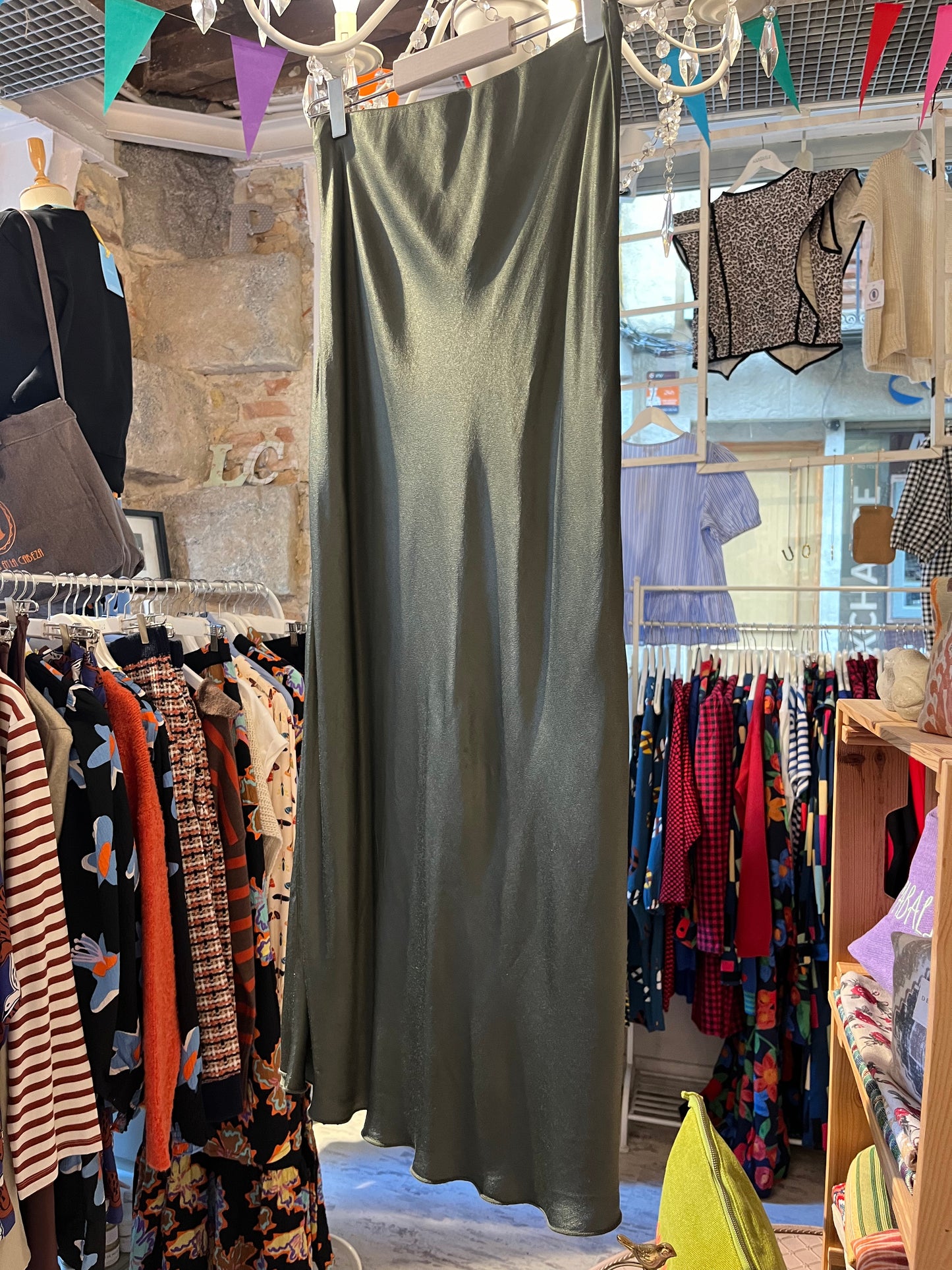 Khaki satin skirt