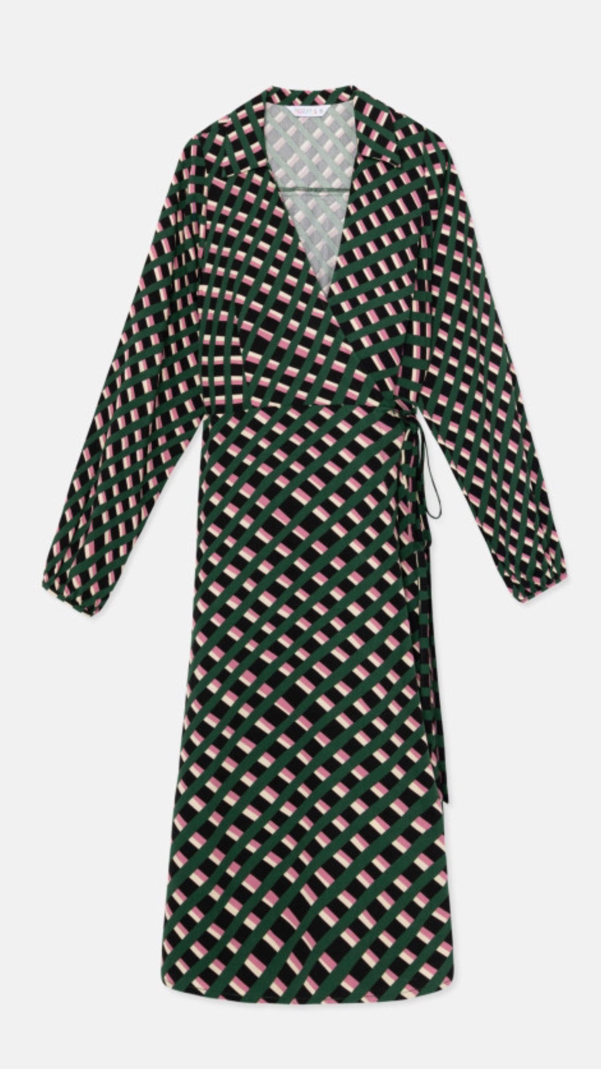 Vestido midi cruzado con estampado geometrico.