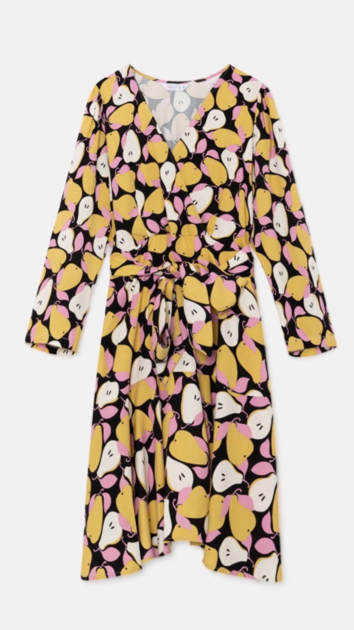 Vestido corto cruzado con estampado de peras