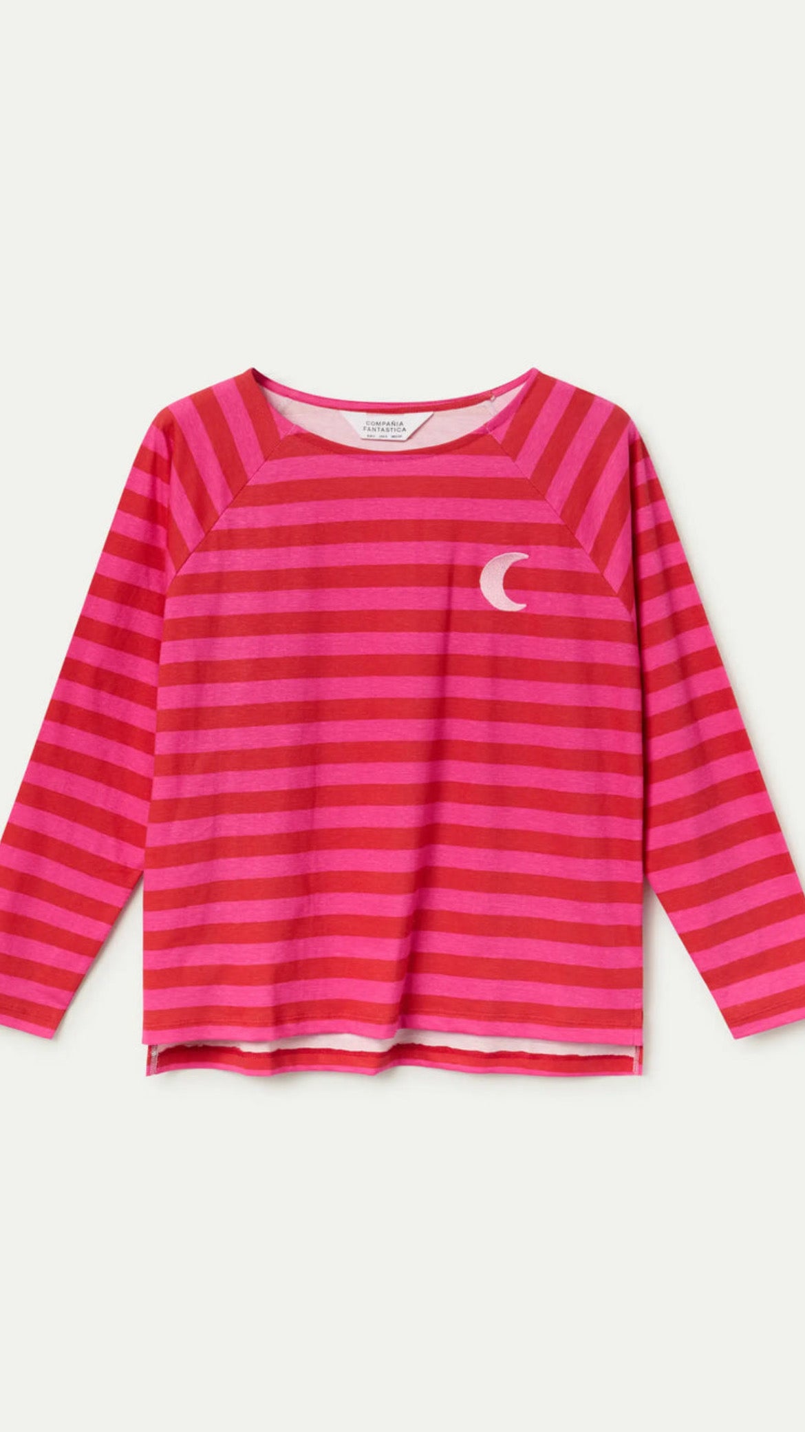 Camiseta 100% algodón con estampado de rayas rosa y bordado de luna
