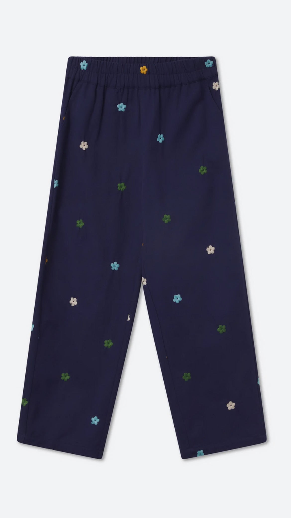 Pantalón 100% algodón azul marino con bordado de flores