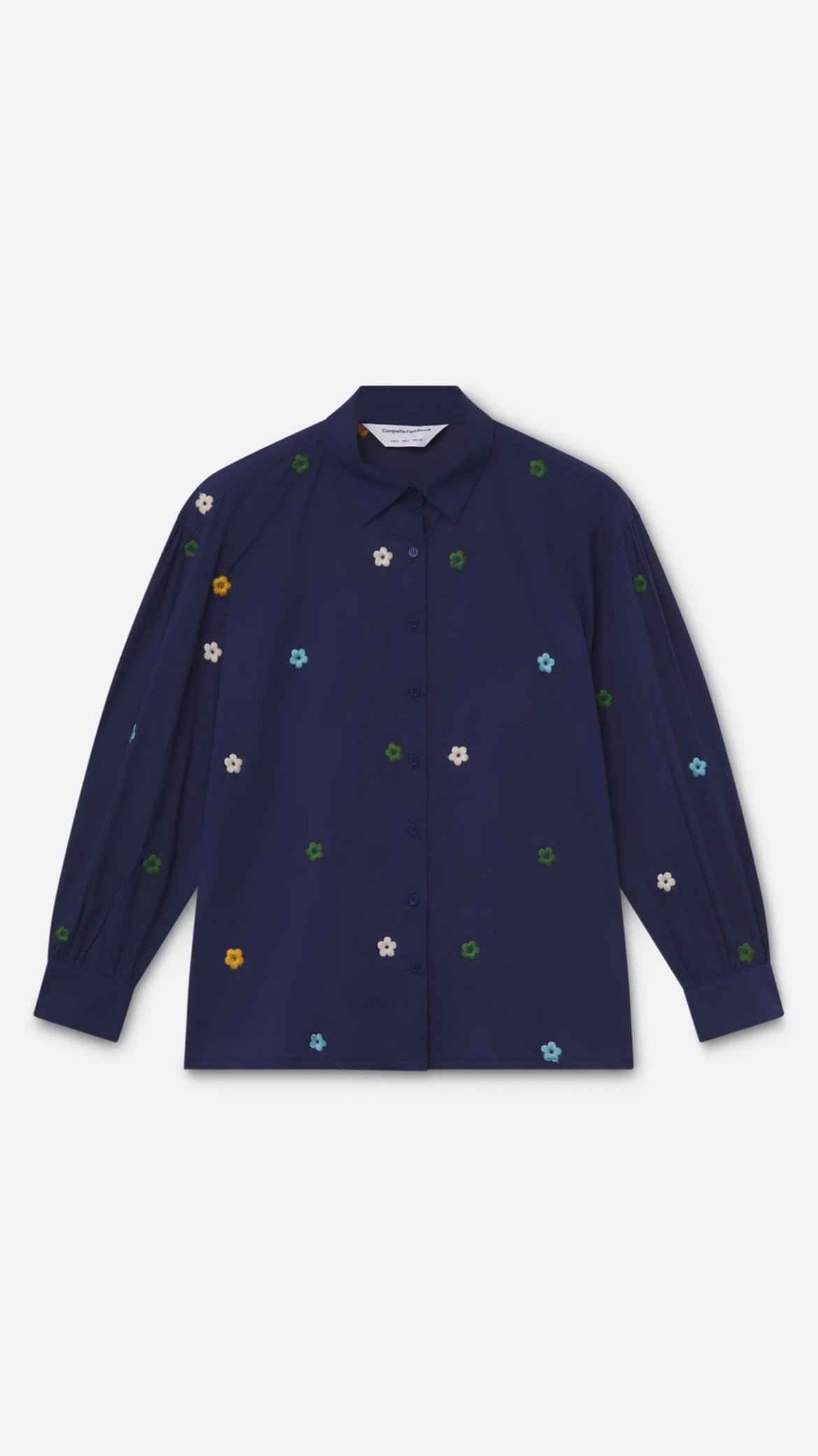 Camisa 100% algodón azul marino con bordado de flores