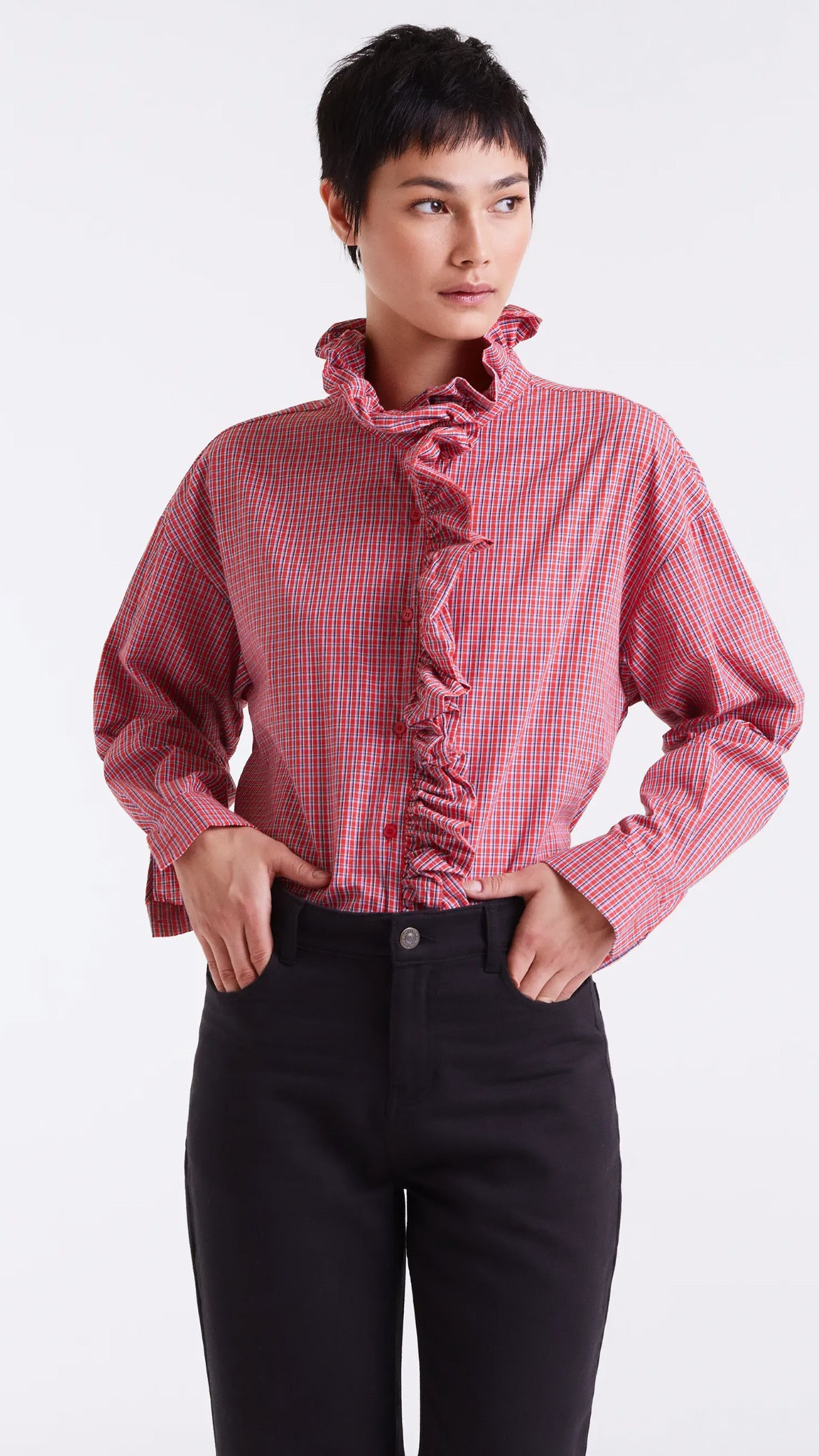 Camisa 100% algodón estampado cuadro vichy rojo