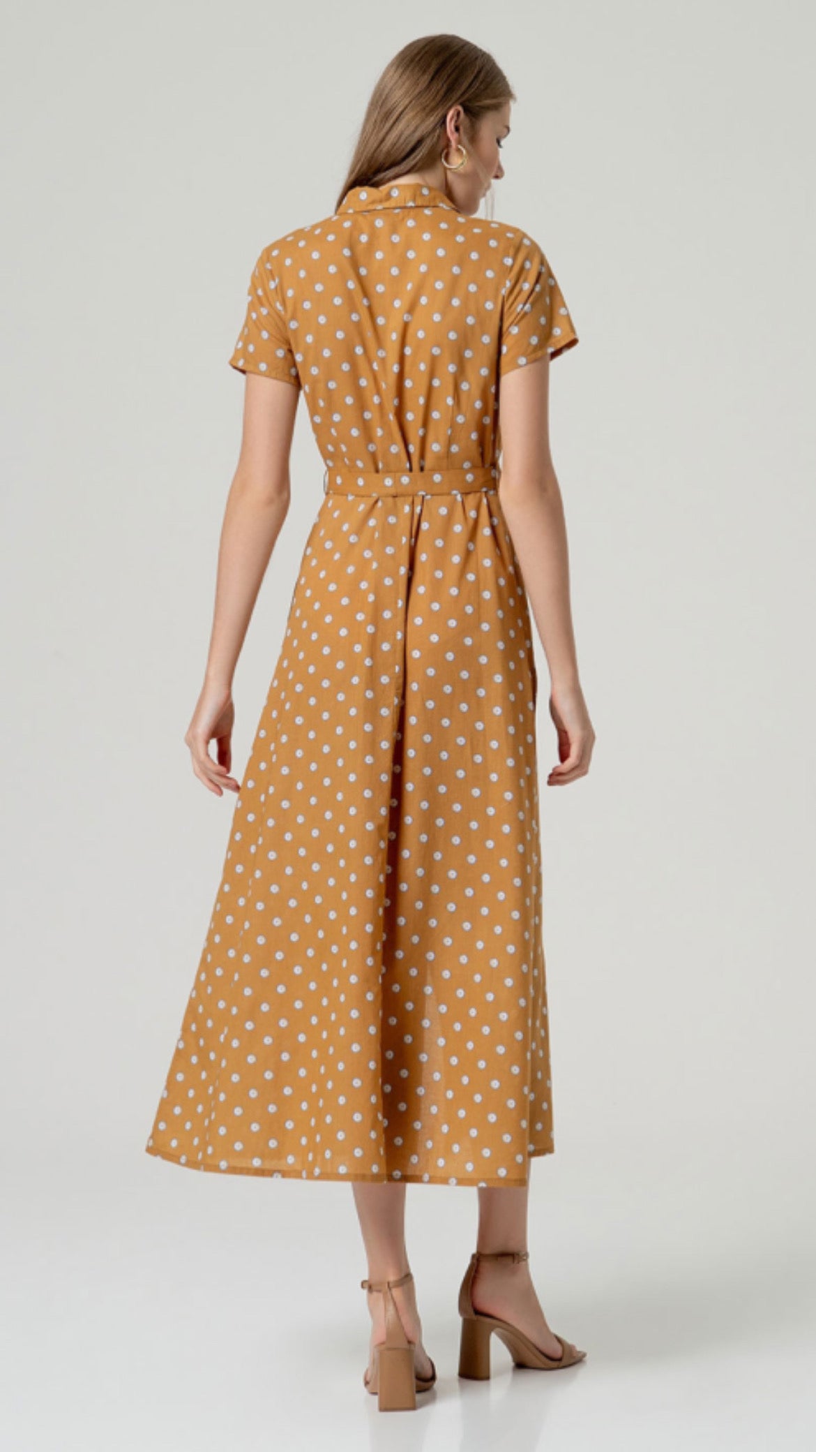 Vestido midi algodón cinturón Camel (R)