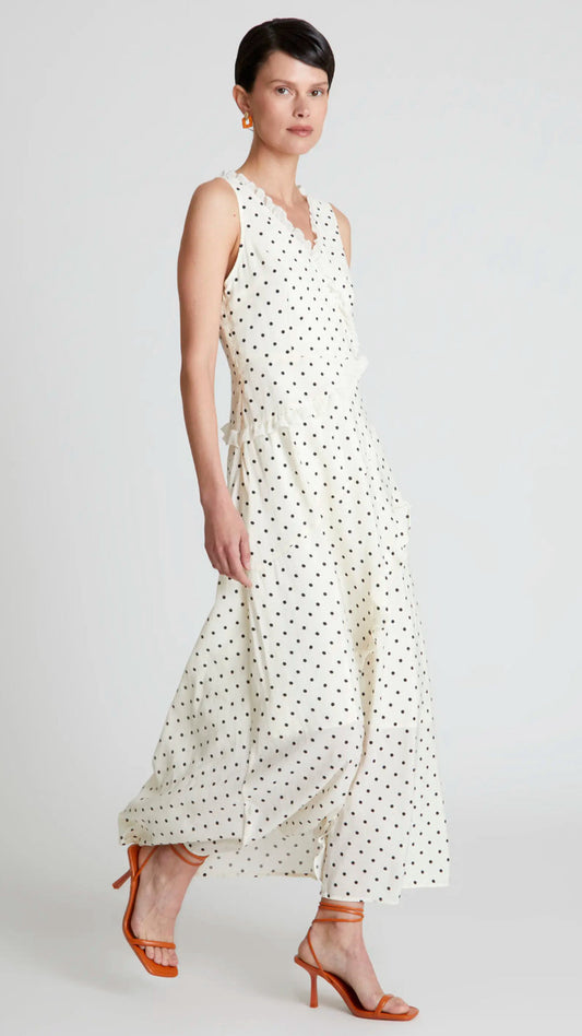 Vestido largo volantes lunares blanco