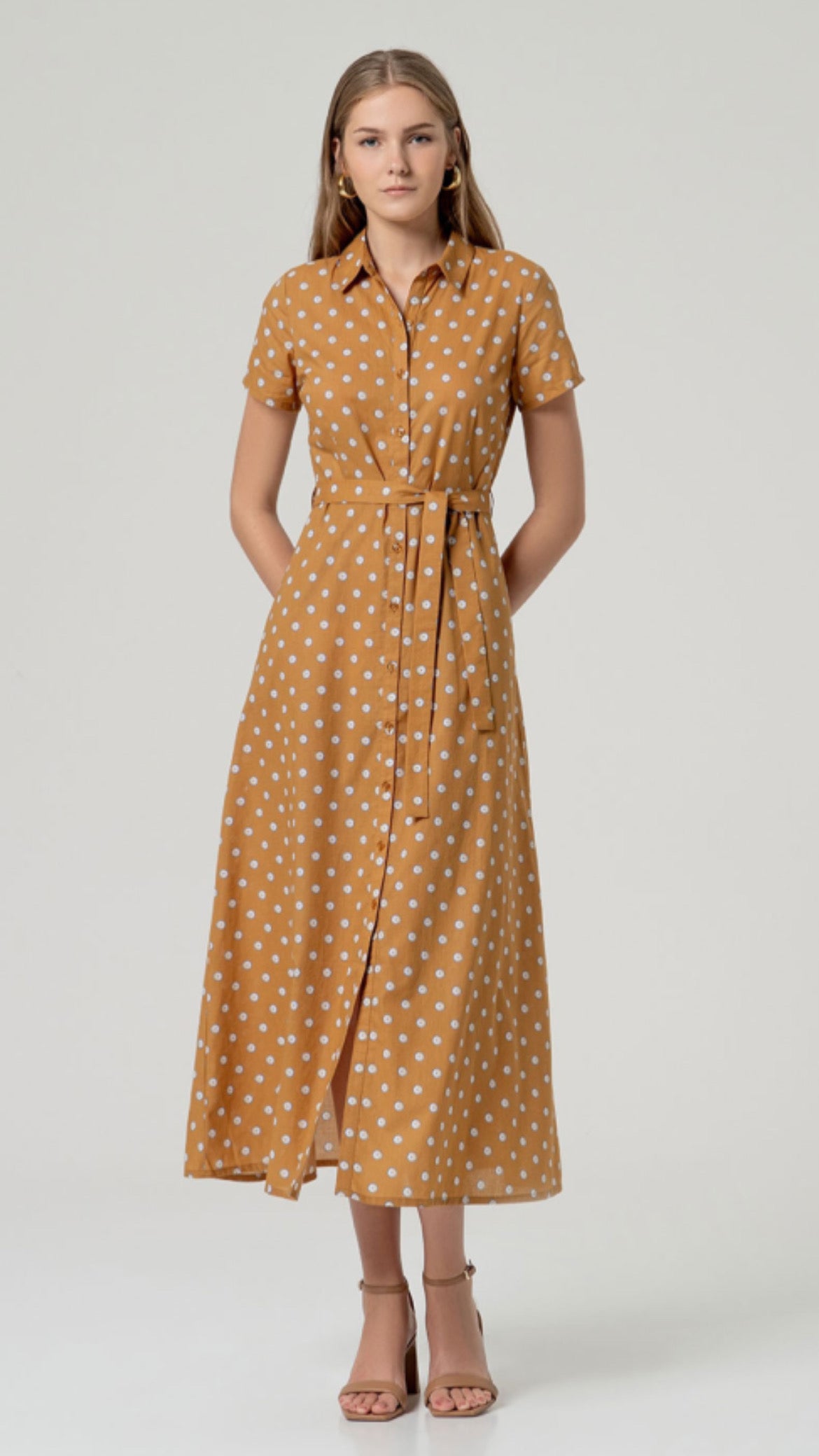 Vestido midi algodón cinturón Camel (R)