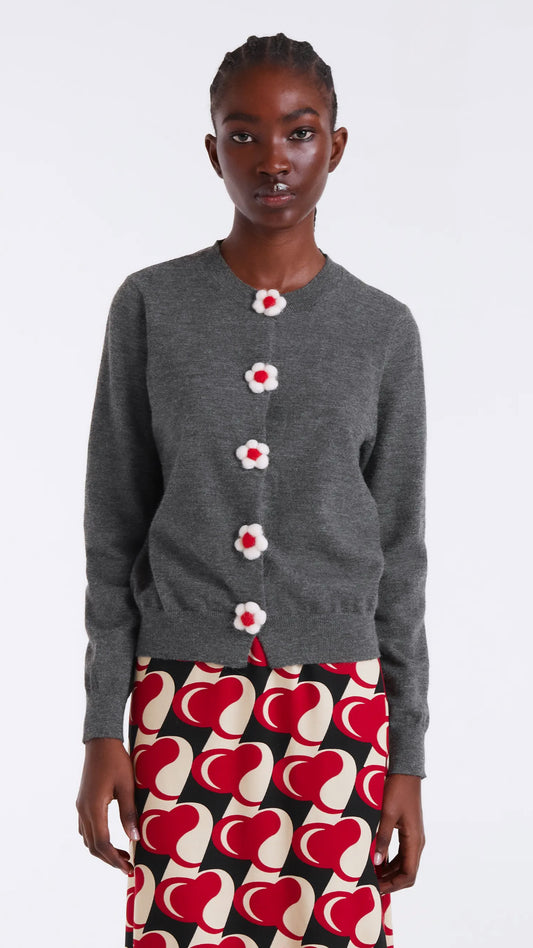 Cárdigan punto fino con detalle floral gris