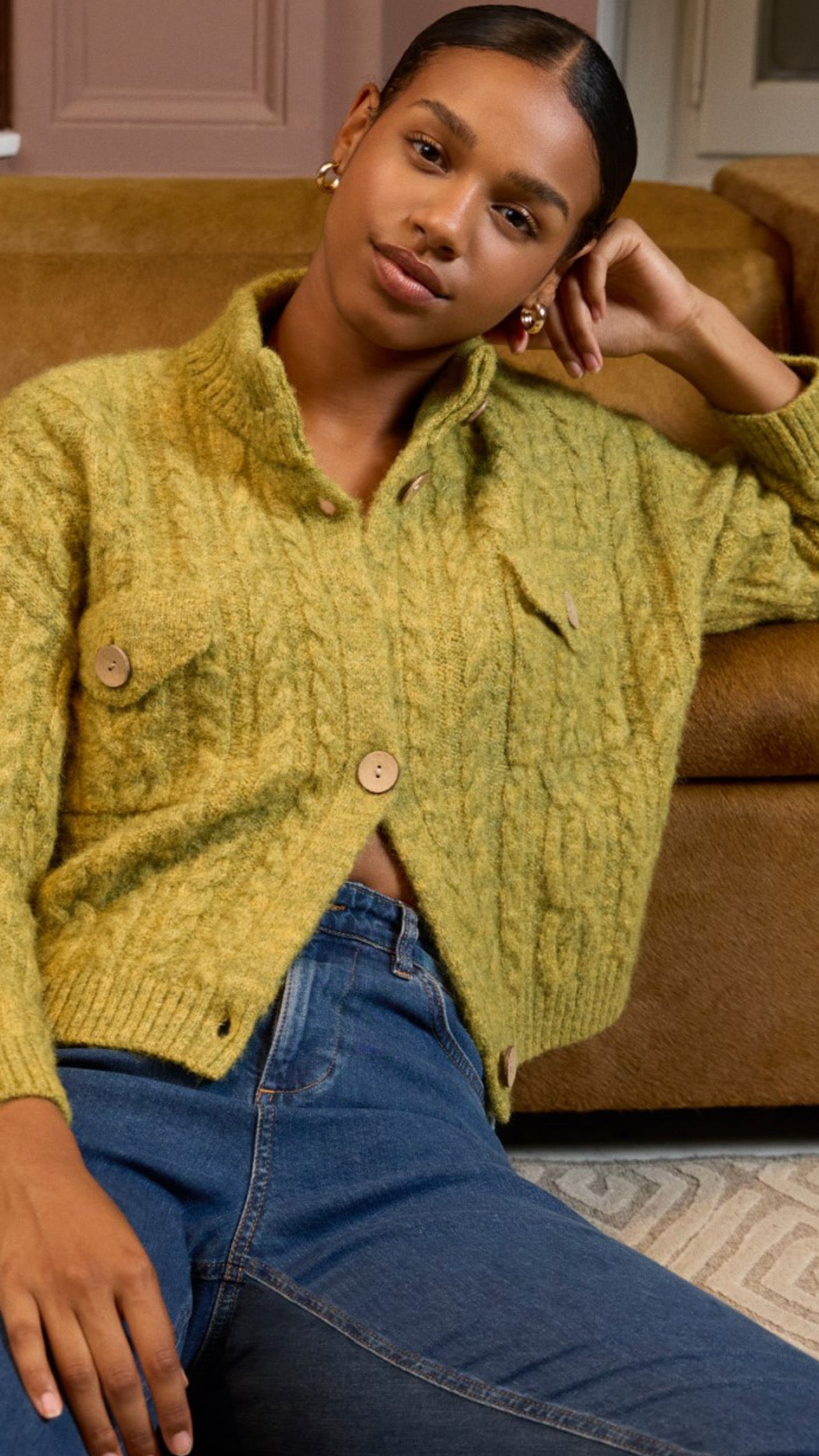 Cárdigan grueso aranés en color verde pistacho