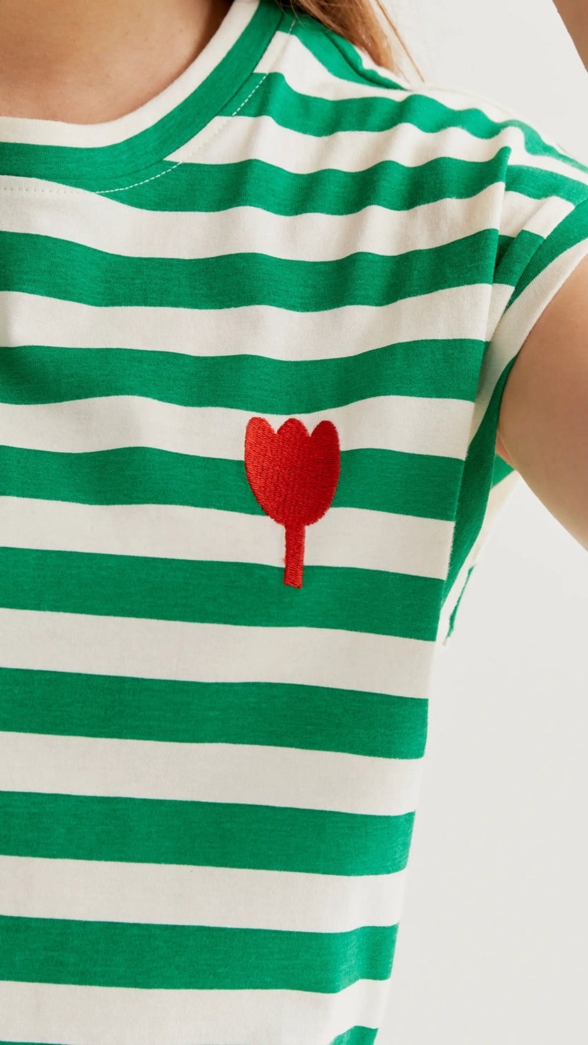 Camiseta con estampado de rayas verdes con bordado de tulipán