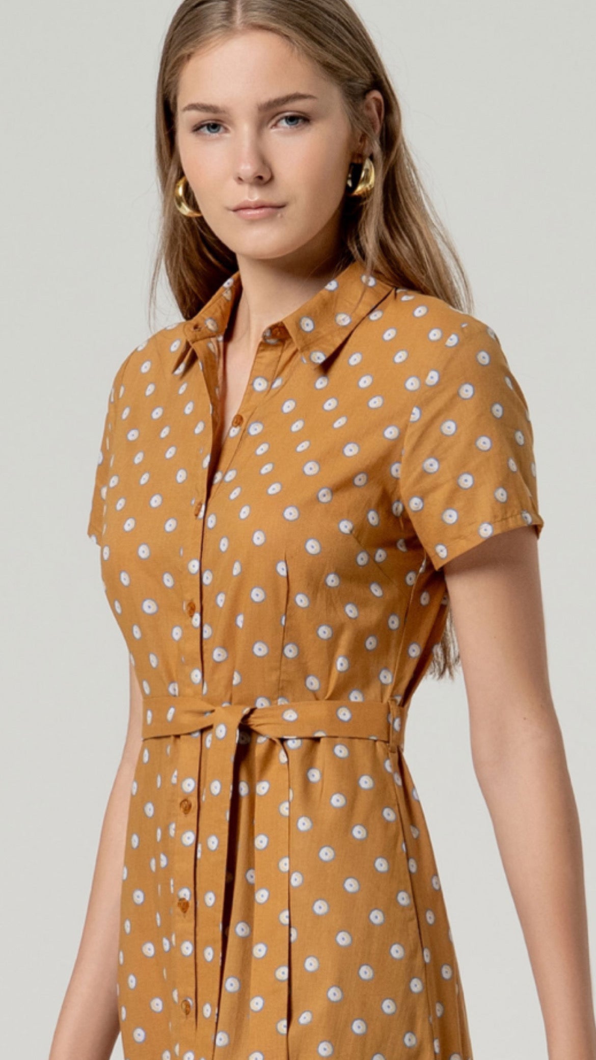 Vestido midi algodón cinturón Camel (R)