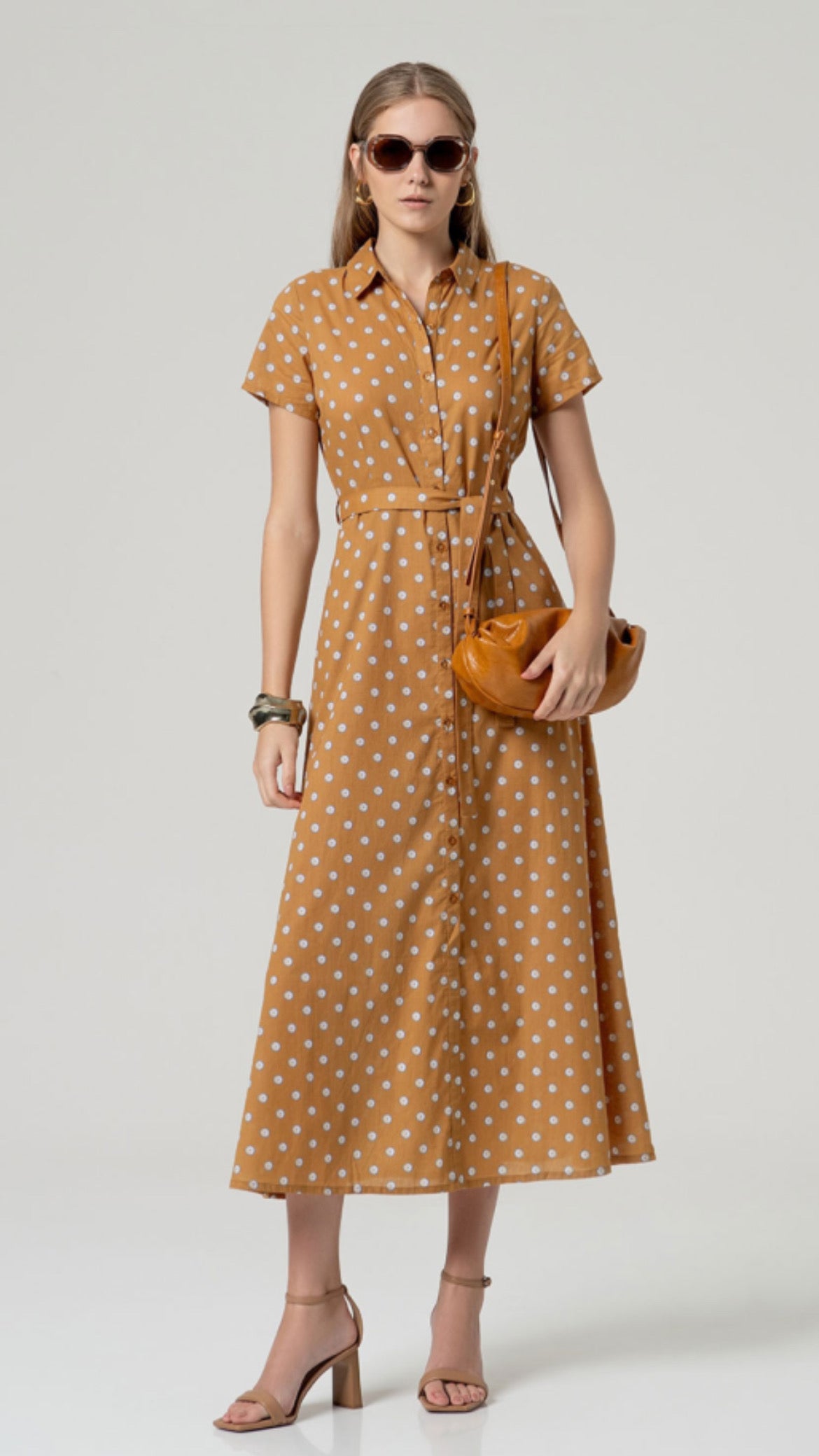 Vestido midi algodón cinturón Camel (R)