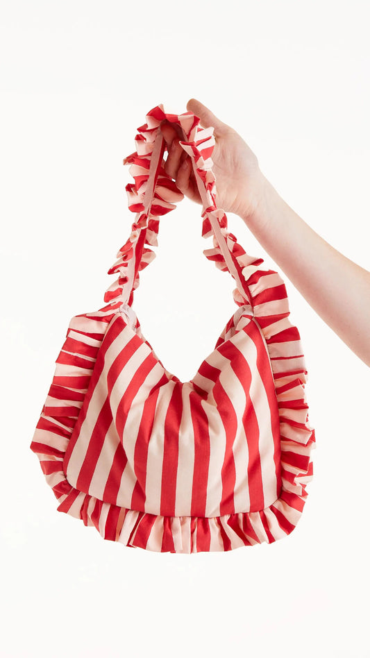 Bolso de hombro con volante y estampado de rayas rojas