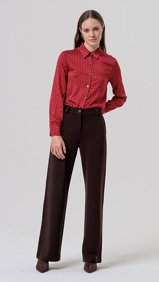 Pantalón recto de punto con bajo vuelto Chocolate