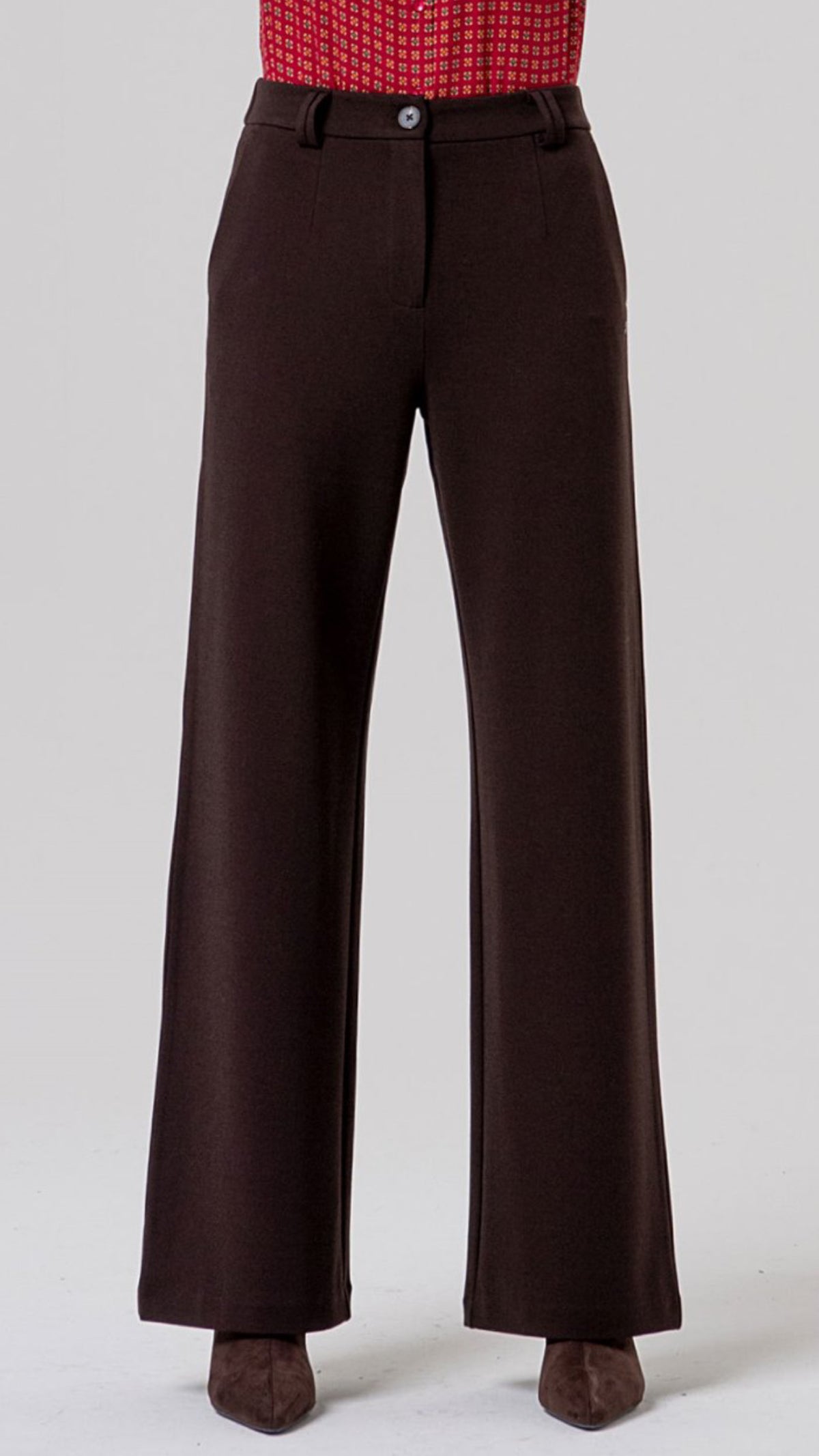 Pantalón recto de punto con bajo vuelto Chocolate