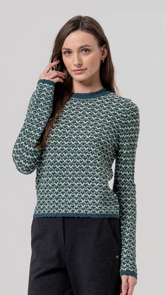 Jersey de cuello redondo de zigzag Verde Botella