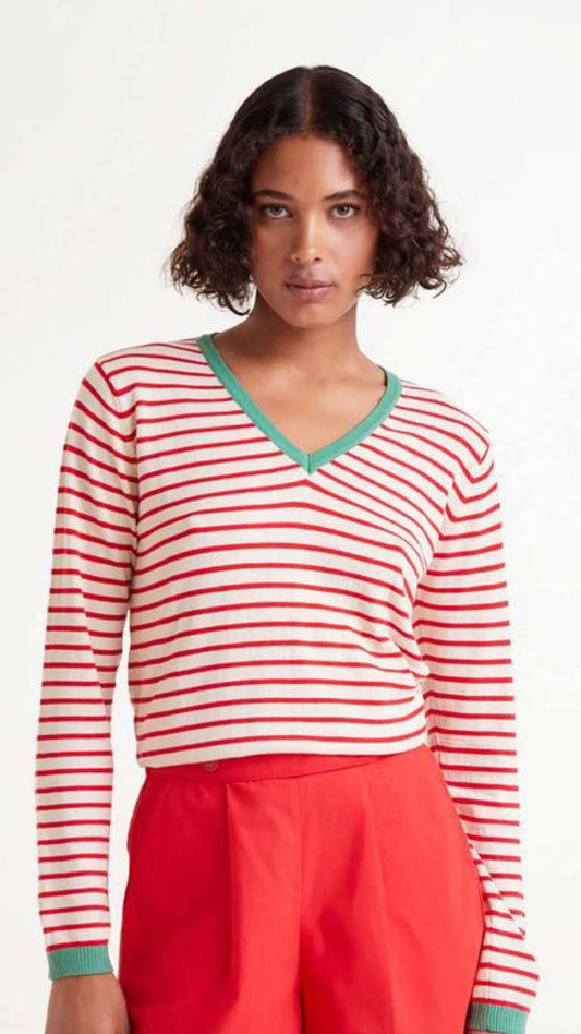 Jersey cuello pico rayas rojo