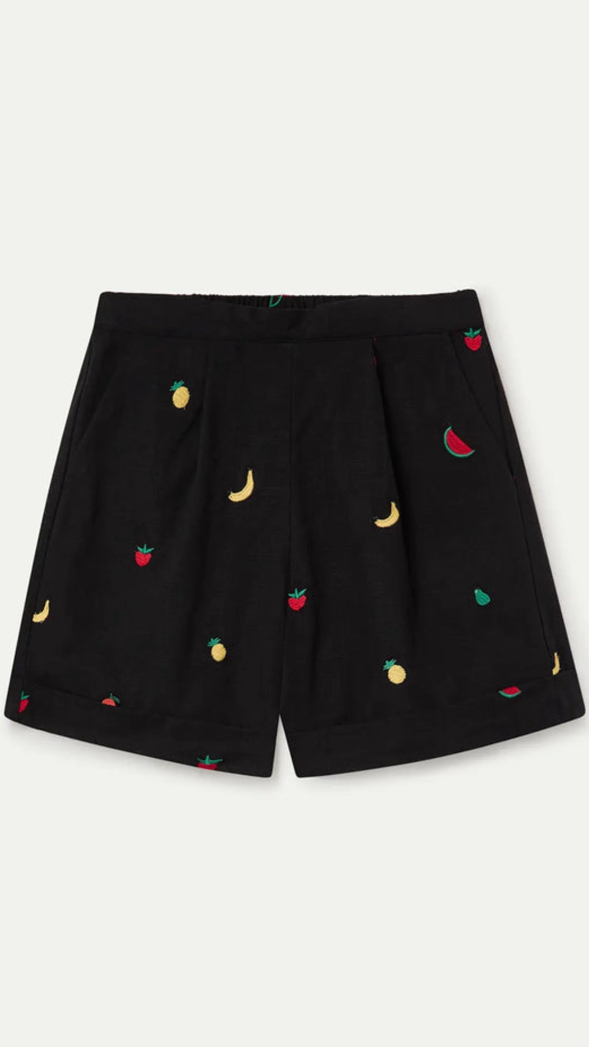Shorts 100% algodón negro con bordado de Ensalada de frutas