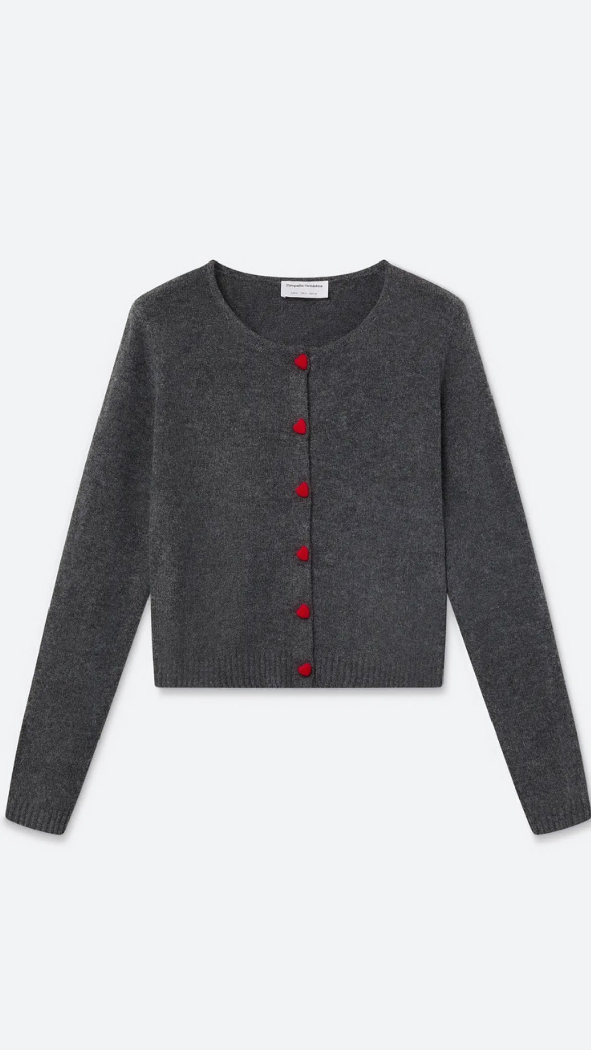 Cárdigan gris oscuro con botones de corazón rojo