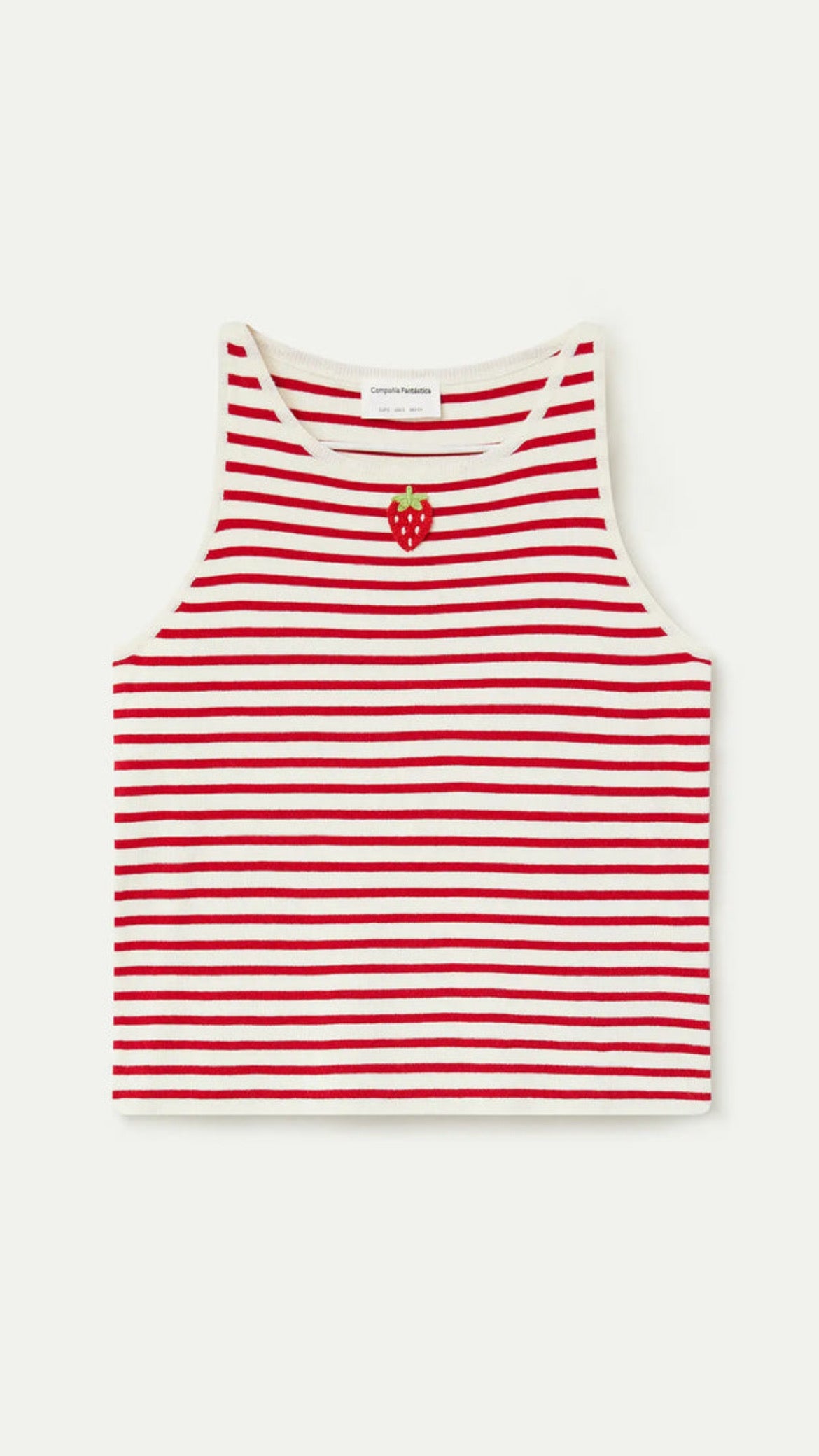 Top de rayas blanco y rojo con bordado de fresas