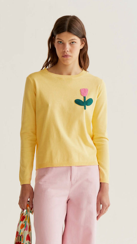 Jersey punto amarillo con bordado tulipán rosado