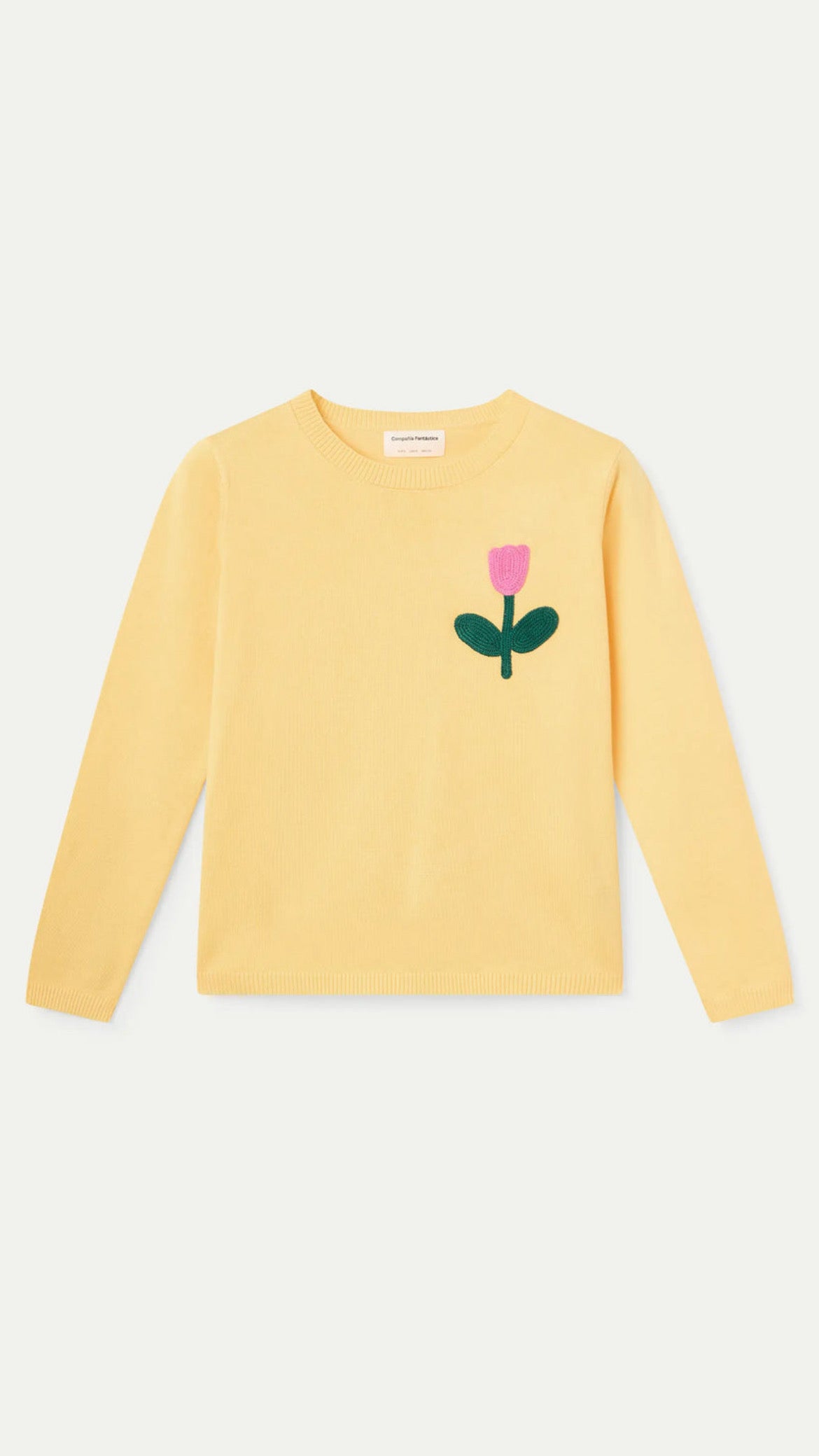 Jersey punto amarillo con bordado tulipán rosado
