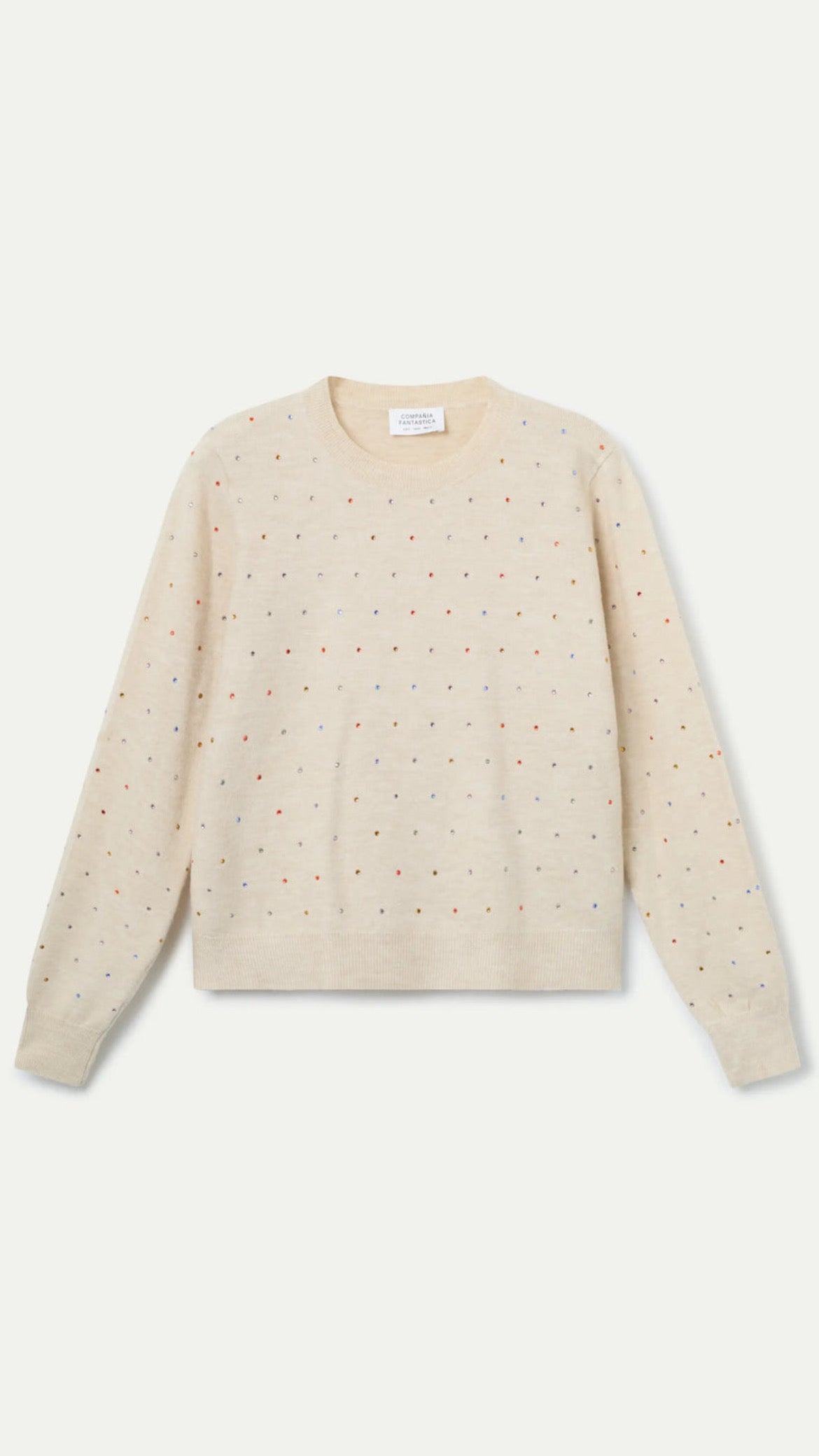 Jersey punto fino beige con detalles multicolor