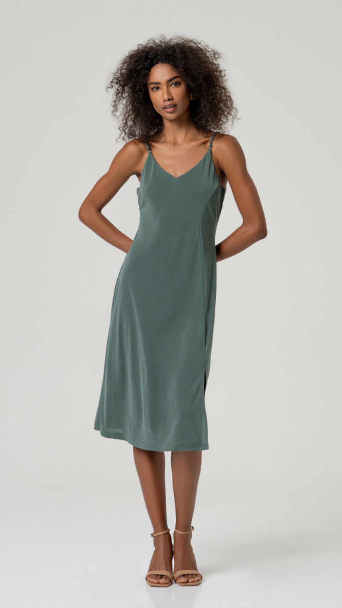 Vestido midi fluido con abertura Verde Botella (R)