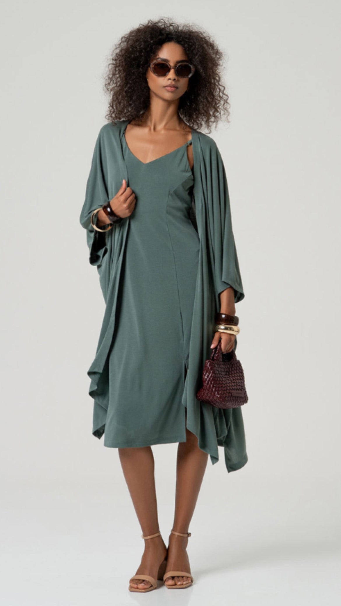 Vestido midi fluido con abertura Verde Botella (R)