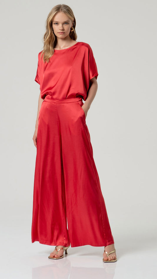 Pantalón fluido pierna ancha elástico Rojo