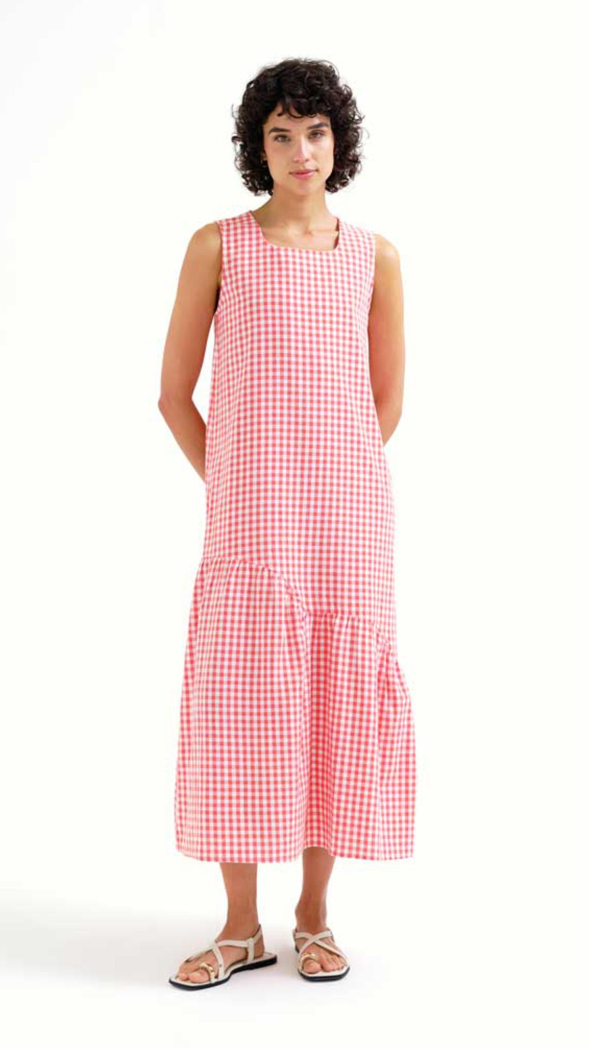 Vestido midi 100% algodón cuadros vichy rojo