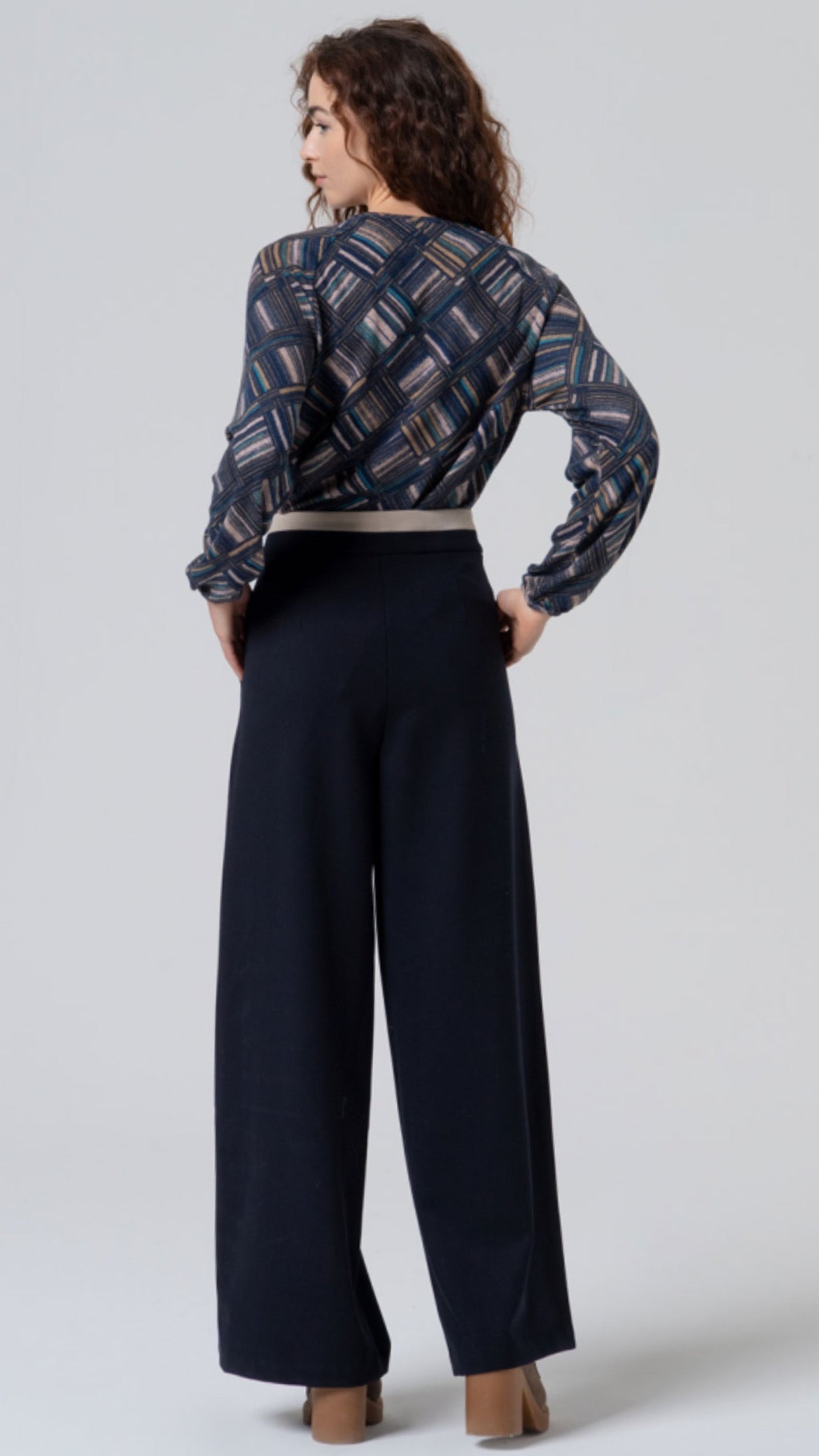 Pantalón wide leg con contraste en cintura Marino