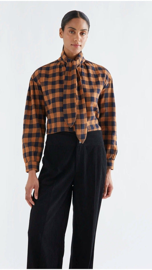 Camisa 100% algodón lazada con estampado de cuadros marrón y azul marino | imagen 1